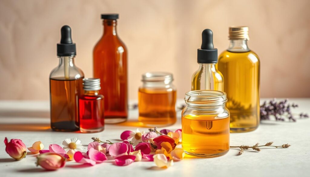 A beautifully lit tabletop still life showcasing an assortment of high-quality face oil ingredients. In the foreground, several glass bottles and jars are arranged, each containing a different vibrant oil - deep amber argan, bright fuchsia rosehip, and rich golden jojoba. The midground features delicate dried botanicals like rose petals, chamomile, and lavender, complementing the oils. The background is a soft, muted backdrop, allowing the natural tones and textures of the ingredients to take center stage. The overall scene is bathed in warm, diffused lighting, highlighting the luxurious, nourishing qualities of these precious botanical oils.