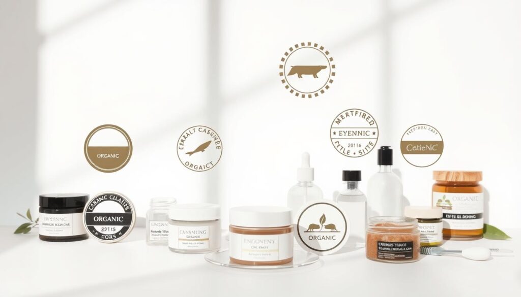 A clean, minimalist still life showcasing the certification standards for natural beauty products. In the foreground, a crisp white background highlights a variety of organic labels, stamps, and seals in muted earth tones. The middle ground features a selection of glass jars, bottles, and compacts, their contents obscured to emphasize the certification details. Soft, natural lighting casts gentle shadows, creating a sense of simplicity and authenticity. The overall composition conveys a sense of purity, transparency, and trust - the key attributes of a truly natural skincare regimen.