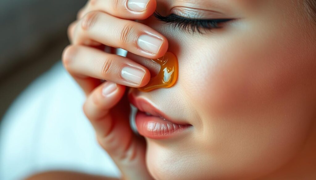 A close-up of a woman's hand gently massaging facial oil into her skin, with a serene, calming atmosphere. The skin is illuminated by soft, diffused lighting, creating a radiant, glowing effect. The facial oil is applied in smooth, circular motions, with the fingers lightly gliding across the cheekbones, forehead, and around the eyes. The background is blurred, allowing the focus to be on the delicate application technique. The scene conveys a sense of self-care, relaxation, and the proper way to nourish the skin with face oil.