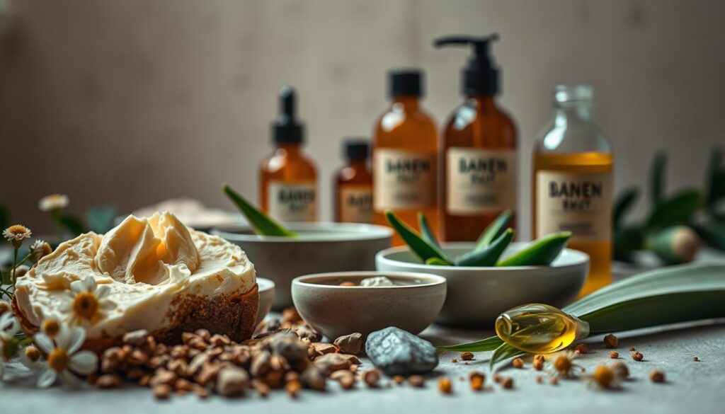 A close-up still life featuring an artful arrangement of natural men's skincare ingredients. The foreground showcases a selection of organic botanicals, including earthy shea butter, calming chamomile, soothing aloe vera, and nourishing jojoba oil. The middle ground displays minimal glass bottles and ceramic dishes filled with these pure, potent formulations, illuminated by soft, natural lighting from an off-camera window. The background fades into a muted, neutral color palette, allowing the natural textures and colors of the ingredients to take center stage. The overall mood is one of simplicity, purity, and effective skincare grounded in nature.