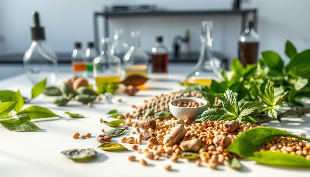 A close-up view of a botanical lab analysis, showcasing an array of green beauty ingredients arranged on a sleek, modern tabletop. Soft, natural lighting casts gentle shadows, highlighting the textures and colors of the ingredients. In the foreground, various leaves, seeds, and plant extracts are meticulously organized, inviting the viewer to examine their unique properties. The middle ground features scientific glassware, pipettes, and other lab equipment, suggesting a thorough, analytical process. The background is a minimalist, clean-lined setting, emphasizing the focus on the ingredients themselves. The overall mood is one of scientific inquiry, highlighting the importance of understanding safe and effective natural cosmetic components. A close-up view of a botanical lab analysis, showcasing an array of green beauty ingredients arranged on a sleek, modern tabletop. Soft, natural lighting casts gentle shadows, highlighting the textures and colors of the ingredients. In the foreground, various leaves, seeds, and plant extracts are meticulously organized, inviting the viewer to examine their unique properties. The middle ground features scientific glassware, pipettes, and other lab equipment, suggesting a thorough, analytical process. The background is a minimalist, clean-lined setting, emphasizing the focus on the ingredients themselves. The overall mood is one of scientific inquiry, highlighting the importance of understanding safe and effective natural cosmetic components.