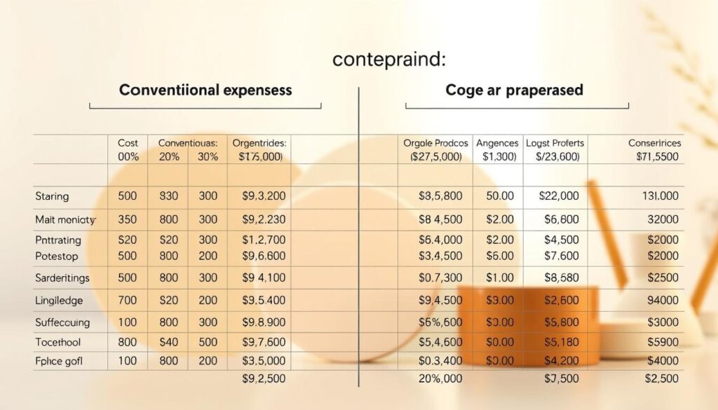 A detailed cost analysis chart showcasing the comparative expenses of conventional beauty products versus their organic counterparts. The chart is presented in a clean, minimalist style against a soft, diffused background. The foreground features neatly arranged columns and rows displaying numerical data, product categories, and cost breakdowns. The middle ground includes abstract shapes and geometric patterns in muted, earthy tones to create a visually balanced composition. The background maintains a subtle, blurred effect, allowing the analytical data to be the focal point. Warm, natural lighting casts a gentle glow across the scene, conveying a sense of clarity and professionalism. The overall mood is one of informative, data-driven decision making.