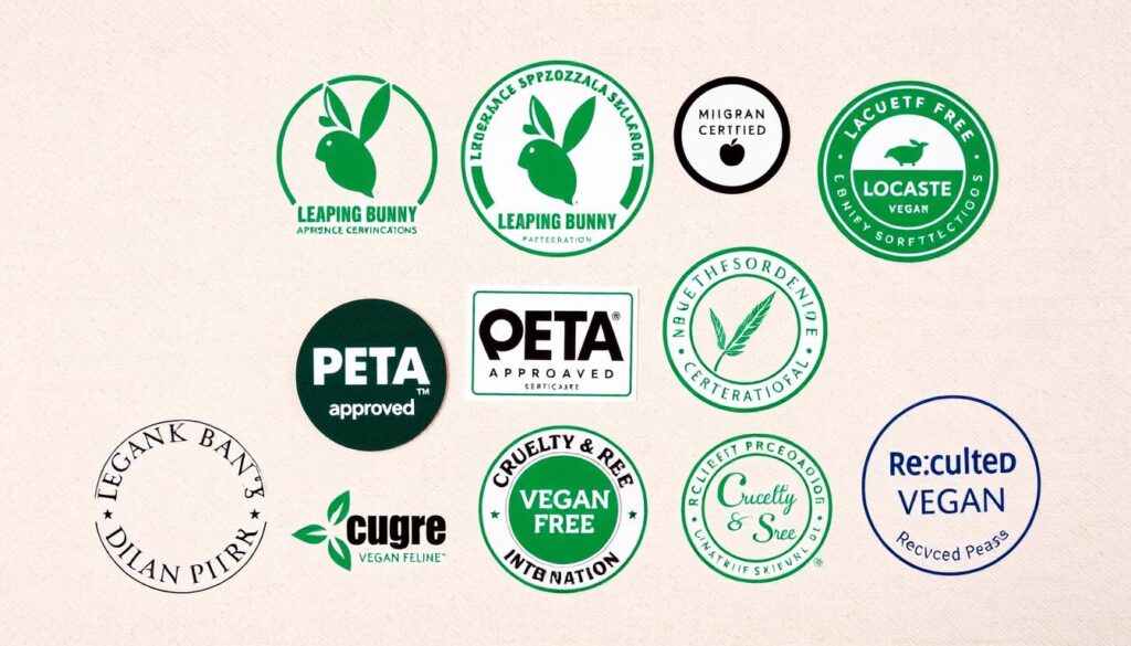 A flat lay arrangement of various vegan skincare certification logos and seals, including the Leaping Bunny, PETA-Approved Vegan, and Cruelty-Free International certifications. The certifications are displayed on a soft, neutral-colored background, such as natural linen or recycled paper, creating a clean and minimalist aesthetic. The lighting is soft and diffused, accentuating the textures and details of the certifications. The composition is visually balanced, with the certifications arranged in an organized and symmetrical manner, conveying a sense of quality and professionalism. A flat lay arrangement of various vegan skincare certification logos and seals, including the Leaping Bunny, PETA-Approved Vegan, and Cruelty-Free International certifications. The certifications are displayed on a soft, neutral-colored background, such as natural linen or recycled paper, creating a clean and minimalist aesthetic. The lighting is soft and diffused, accentuating the textures and details of the certifications. The composition is visually balanced, with the certifications arranged in an organized and symmetrical manner, conveying a sense of quality and professionalism.