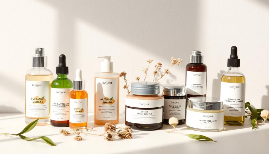 A neatly arranged still life composition of cruelty-free skincare products, bathed in soft, natural lighting. In the foreground, a variety of serums, oils, and moisturizers in elegant glass bottles and jars, their labels showcasing natural, botanical-based ingredients. In the middle ground, a few dried flowers, leaves, and other plant-based accents add a touch of organic elegance. The background is a simple, neutral-toned surface, allowing the products to take center stage. The overall mood is one of tranquility, purity, and a commitment to ethical, sustainable skincare. A neatly arranged still life composition of cruelty-free skincare products, bathed in soft, natural lighting. In the foreground, a variety of serums, oils, and moisturizers in elegant glass bottles and jars, their labels showcasing natural, botanical-based ingredients. In the middle ground, a few dried flowers, leaves, and other plant-based accents add a touch of organic elegance. The background is a simple, neutral-toned surface, allowing the products to take center stage. The overall mood is one of tranquility, purity, and a commitment to ethical, sustainable skincare.