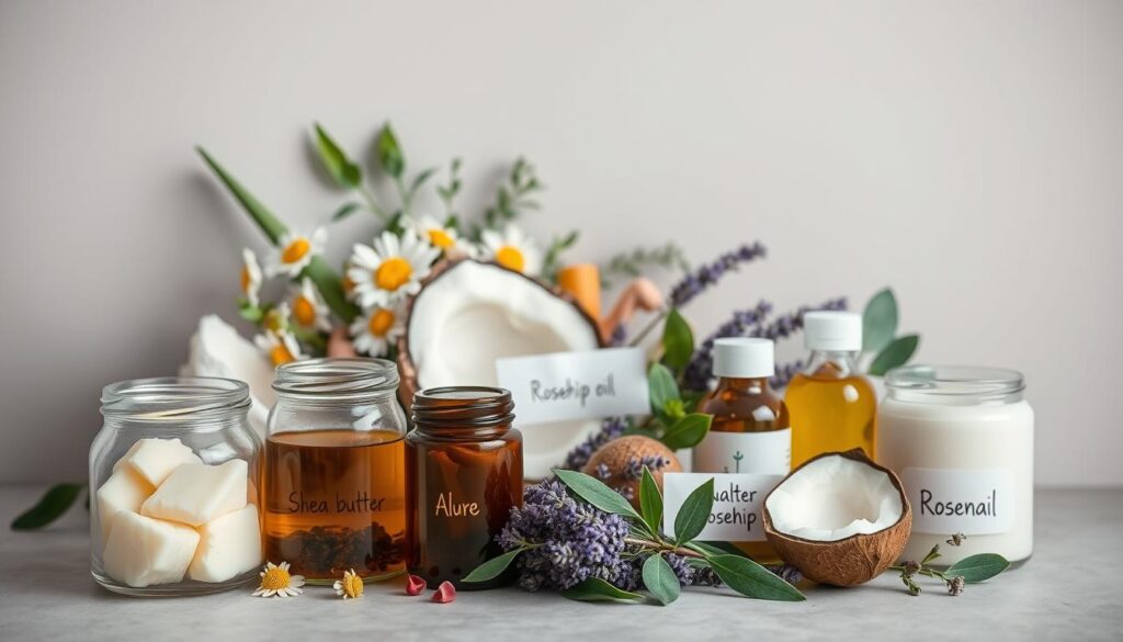 A neatly organized still life arrangement showcasing an assortment of natural skincare ingredients. In the foreground, a group of glass jars and bottles containing pure, unprocessed items like shea butter, aloe vera, rosehip oil, and coconut oil. Placed behind them, a scattering of fresh botanicals such as chamomile flowers, lavender sprigs, and eucalyptus leaves, bathed in soft, diffused lighting. The mid-ground features a few minimalist, handwritten labels that clearly identify the natural components. The background is a plain, muted surface, allowing the natural, earthy tones of the ingredients to take center stage, conveying a sense of simplicity, purity, and transparency.