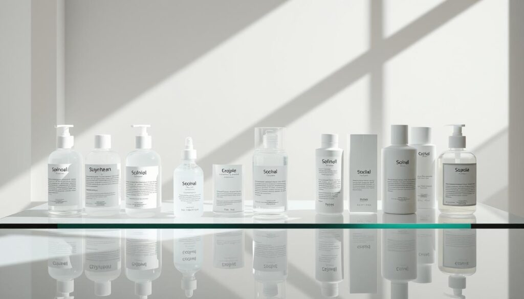 A pristine glass surface, backlit by soft natural light, showcases a collection of transparent skincare product labels arranged in a visually striking display. The labels feature a diverse array of common ingredients, each presented with clear, legible typography that invites closer inspection. The overall composition emphasizes simplicity and clarity, creating an immersive, educational environment that guides the viewer through the nuances of natural skincare label decoding. Subtle shadows and reflections add depth and dimensionality, while a muted color palette of whites, grays, and subtle hues echoes the clean, minimalist aesthetic. This carefully curated scene aims to engage and inform the reader, seamlessly blending form and function to deliver an insightful visual exploration of "Ingredient Spotlights: Decoding Common Terms."