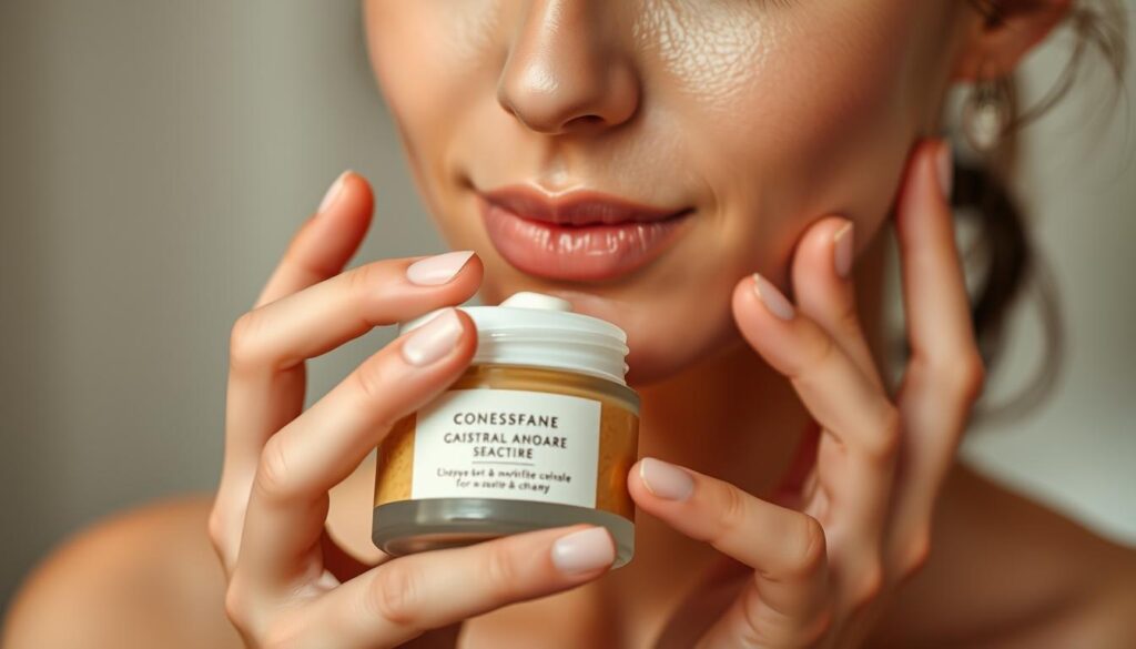 A serene, close-up shot of a woman's delicate hands gently applying a creamy, moisturizing skincare product to her face. The lighting is soft and diffuse, creating a warm, calming atmosphere. The product's packaging is minimalist and earthy, hinting at its natural, gentle formulation. The woman's expression is one of tranquility and care, as she tenderly massages the product into her sensitive skin. The background is blurred, allowing the focus to remain on the intimate, soothing moment. Subtle details like the woman's smooth, glowing complexion and the product's nourishing ingredients convey the essence of gentle, effective skincare for sensitive skin. A serene, close-up shot of a woman's delicate hands gently applying a creamy, moisturizing skincare product to her face. The lighting is soft and diffuse, creating a warm, calming atmosphere. The product's packaging is minimalist and earthy, hinting at its natural, gentle formulation. The woman's expression is one of tranquility and care, as she tenderly massages the product into her sensitive skin. The background is blurred, allowing the focus to remain on the intimate, soothing moment. Subtle details like the woman's smooth, glowing complexion and the product's nourishing ingredients convey the essence of gentle, effective skincare for sensitive skin.