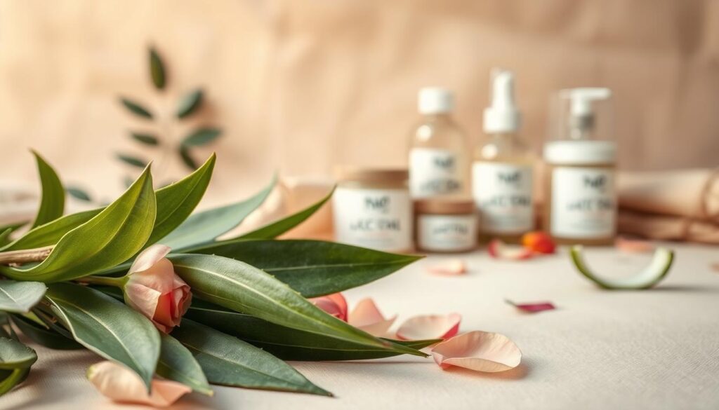 A serene close-up shot of natural ingredients for aging skin, arranged with care on a soft, neutral background. In the foreground, gently-textured leaves, rose petals, and soothing aloe vera spill across the frame, their delicate forms and earthy tones radiating a sense of tranquility. The middle ground showcases jars and bottles of clean, plant-based skincare products, their minimalist labels and organic shapes complementing the natural elements. Warm, diffused lighting casts a gentle glow, creating a calming, spa-like atmosphere that evokes the nourishing power of natural wrinkle solutions. The overall composition highlights the simplicity and purity of ingredients that can help revitalize aging skin.