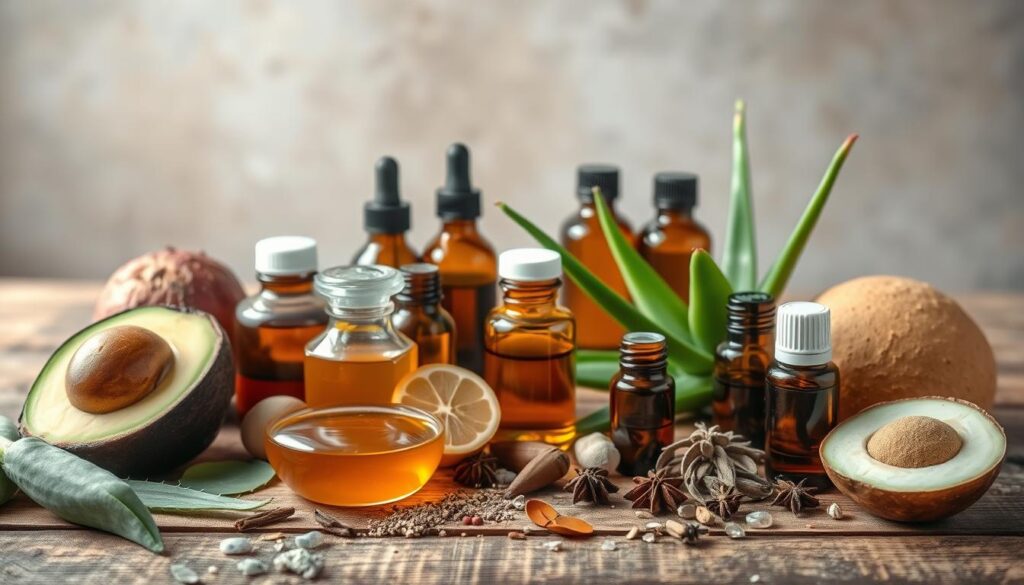 A still life arrangement showcasing a variety of natural skincare ingredients on a rustic, wooden surface. In the foreground, an assortment of vibrant, organic produce such as avocado, honey, and aloe vera leaves. Midground features a variety of essential oils in amber glass bottles, with dried herbs and spices scattered around. The background has a soft, diffused lighting, creating a warm, inviting atmosphere. The composition emphasizes the simplicity and affordability of these natural ingredients, highlighting their versatility and accessibility for budget-conscious skincare routines. A still life arrangement showcasing a variety of natural skincare ingredients on a rustic, wooden surface. In the foreground, an assortment of vibrant, organic produce such as avocado, honey, and aloe vera leaves. Midground features a variety of essential oils in amber glass bottles, with dried herbs and spices scattered around. The background has a soft, diffused lighting, creating a warm, inviting atmosphere. The composition emphasizes the simplicity and affordability of these natural ingredients, highlighting their versatility and accessibility for budget-conscious skincare routines.