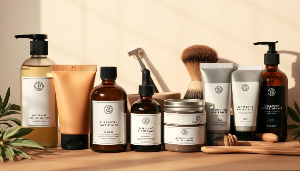 A tastefully styled still life showcasing an array of natural, minimalist men's skincare products. The foreground features a neatly arranged collection of high-quality items such as a gentle face cleanser, a soothing aftershave balm, and a hydrating moisturizer, all packaged in simple, earthy tones. The middle ground includes a straight-edge razor, a shaving brush, and a small ceramic bowl, conveying the ritual and care of a traditional grooming routine. The background has a soft, natural lighting that casts warm, subtle shadows, creating a calming, spa-like ambiance. The overall composition exudes a sense of sophistication, practicality, and an appreciation for quality, natural ingredients.