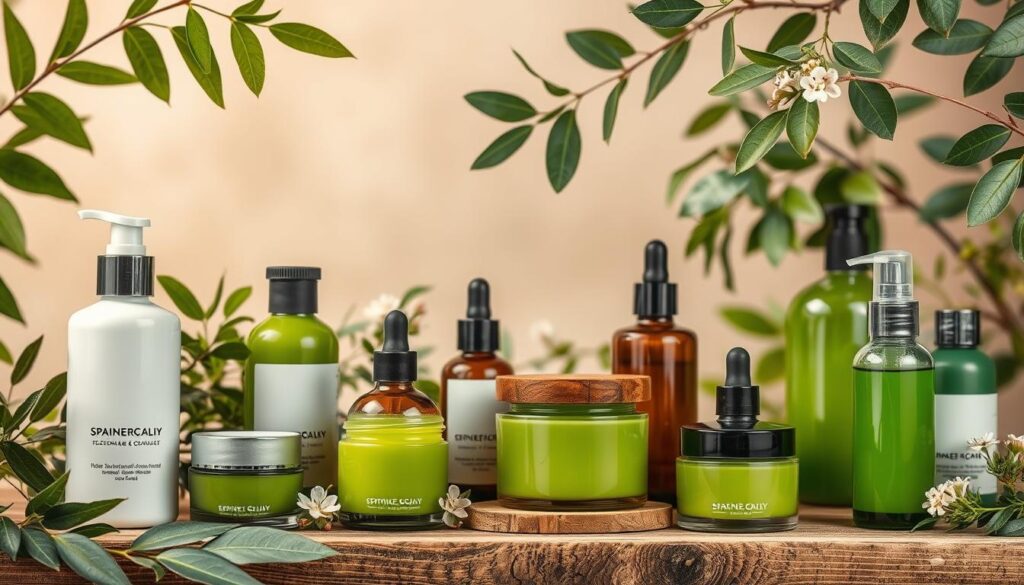 A vibrant still life of natural skincare products from eco-friendly brands. In the foreground, an assortment of glass bottles and jars filled with green, earthy-toned lotions, creams, and serums. Smooth, organic textures juxtaposed against a rustic wooden surface. In the middle ground, lush green leaves and delicate flowers frame the scene, conveying a sense of freshness and purity. The background is softly blurred, with muted natural hues creating a serene, calming atmosphere. Soft, diffused lighting gently illuminates the composition, highlighting the premium quality and sustainable ethos of these high-performance, plant-based skincare products.