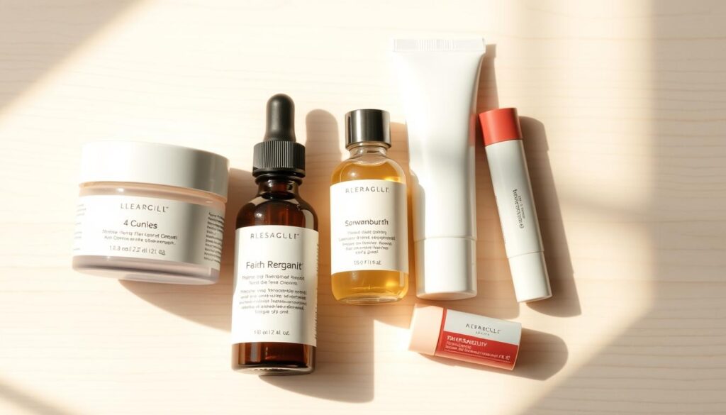 A well-lit close-up image of an assortment of affordable natural skincare products, including a face cream, facial oil, and lip balm, neatly arranged on a light wooden surface. The products have clean, minimalist packaging in muted pastel colors, reflecting a high-quality, eco-friendly aesthetic. Soft, diffused lighting from the side creates gentle shadows and highlights the textures of the products. The overall mood is serene, inviting, and conveys the message that accessible, sustainable beauty is achievable. A well-lit close-up image of an assortment of affordable natural skincare products, including a face cream, facial oil, and lip balm, neatly arranged on a light wooden surface. The products have clean, minimalist packaging in muted pastel colors, reflecting a high-quality, eco-friendly aesthetic. Soft, diffused lighting from the side creates gentle shadows and highlights the textures of the products. The overall mood is serene, inviting, and conveys the message that accessible, sustainable beauty is achievable.