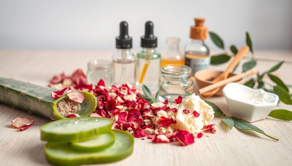 A well-lit, close-up studio shot of a selection of natural moisturizer ingredients arranged artfully on a pale wooden surface. The foreground features a variety of botanical elements like sliced aloe vera leaves, crushed rose petals, and shea butter in an organic, unprocessed form. In the middle ground, there are small glass jars filled with clear liquids like rosewater and natural oils, with droppers and spatulas nearby. The background has a soft, blurred effect, highlighting the textures and colors of the natural ingredients. The overall mood is one of simplicity, purity, and a focus on the wholesome, nourishing properties of these skincare components.