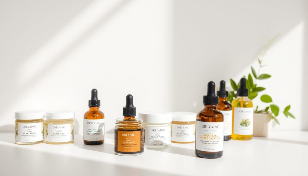 Carefully arranged natural wrinkle solution products on a minimalistic white background. In the foreground, an assortment of glass jars and bottles containing serums, creams, and face oils with botanical labels. The middle ground features a textured linen cloth, complementing the organic product packaging. Soft, diffused natural lighting casts gentle shadows, highlighting the high-quality formulations. The overall mood is clean, serene, and inviting, showcasing the effectiveness and purity of these natural anti-aging skincare solutions.