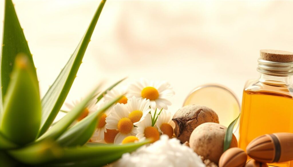 Detailed close-up of natural skincare ingredients, arranged in a clean, minimalist layout. In the foreground, various plant-based compounds like aloe vera, chamomile, and vitamin E are displayed against a bright, soft-focus background. Warm, diffused lighting creates a soothing, natural atmosphere. The middle ground showcases these ingredients in their raw, unprocessed forms, highlighting their organic textures and colors. The background is a simple, off-white backdrop, allowing the ingredients to take center stage. The overall composition conveys a sense of simplicity, purity, and the gentle, restorative nature of these allergy-friendly skincare components. Detailed close-up of natural skincare ingredients, arranged in a clean, minimalist layout. In the foreground, various plant-based compounds like aloe vera, chamomile, and vitamin E are displayed against a bright, soft-focus background. Warm, diffused lighting creates a soothing, natural atmosphere. The middle ground showcases these ingredients in their raw, unprocessed forms, highlighting their organic textures and colors. The background is a simple, off-white backdrop, allowing the ingredients to take center stage. The overall composition conveys a sense of simplicity, purity, and the gentle, restorative nature of these allergy-friendly skincare components.
