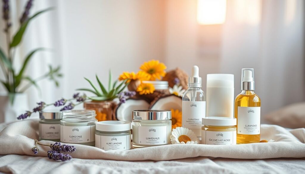 A beautifully arranged display of natural skincare products suitable for all ages, featuring a gentle scent of lavender and chamomile. In the foreground, elegant glass jars and bottles of creams and oils with minimalist labels sit on a soft, neutral-colored cloth. The middle layer shows various botanical ingredients like aloe vera, calendula flowers, and coconut slices artistically scattered around the products. In the background, a warm, diffused natural light filters through a window, casting a soft glow that enhances the serene atmosphere. The image evokes a sense of calmness and trust, highlighting the purity and versatility of universal natural skincare products, suitable for everyone from teens to seniors.