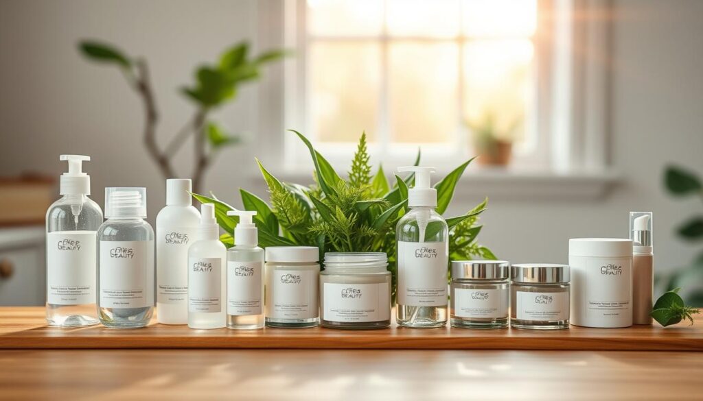 A beautifully arranged scene depicting an array of clean beauty skincare products on a minimalist wooden countertop. In the foreground, showcase a set of elegantly designed bottles and jars with soft, clear packaging highlighting natural ingredients. Include lush green plants in the middle to evoke a fresh, organic atmosphere. The background should feature a softly blurred window with warm, natural light streaming in, enhancing the serene mood. Use a macro lens perspective to capture intricate details of the product textures and delicate labels, suggesting purity and transparency in skincare. Aim for a calming color palette with whites, greens, and soft pastels, emphasizing the notion of healthy skin and well-being.