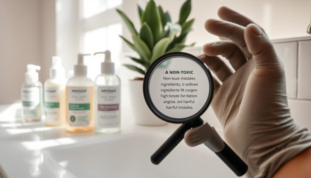 A clean, organized bathroom countertop displaying various skincare products, some labeled as “non-toxic” and others showing common mistakes, like ingredients that might cause irritation or allergens. In the foreground, a magnifying glass highlights a skincare product with a harmful ingredient list. The middle layer includes hands wearing gloves reaching towards a natural-looking moisturizer, while a stylish, potted plant adds a touch of greenery. The background features soft, natural light streaming through a window, creating a bright and inviting atmosphere. The lens is set for a close-up shot to emphasize product details, evoking a mood of caution and awareness in a serene environment. A clean, organized bathroom countertop displaying various skincare products, some labeled as “non-toxic” and others showing common mistakes, like ingredients that might cause irritation or allergens. In the foreground, a magnifying glass highlights a skincare product with a harmful ingredient list. The middle layer includes hands wearing gloves reaching towards a natural-looking moisturizer, while a stylish, potted plant adds a touch of greenery. The background features soft, natural light streaming through a window, creating a bright and inviting atmosphere. The lens is set for a close-up shot to emphasize product details, evoking a mood of caution and awareness in a serene environment.