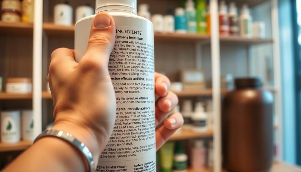 A close-up of a skincare product label on a sleek, modern container, showcasing a detailed ingredients list. In the foreground, focus on the label, with clear, elegant typography highlighting a mix of natural ingredients like aloe vera, jojoba oil, and vitamin E, contrasted against synthetic additives. The middle ground features a hand, wearing a simple, professional bracelet, gently pointing to specific ingredients. The background includes softly blurred shelves of appealing skincare products, providing context without distraction. Warm, diffused lighting enhances the organic feel, creating a calm and informative atmosphere. The angle is slightly tilted to convey depth, inviting viewers to explore the complexities of skincare labels.
