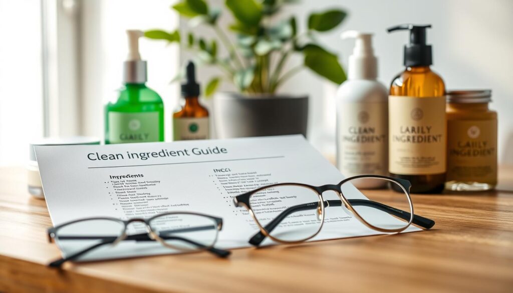 A close-up view of a clean ingredient guide INCI list displayed on a wooden desk, surrounded by various natural skincare products like creams and serums in elegant, eco-friendly packaging. The lighting is soft and diffused, creating an inviting atmosphere that emphasizes transparency and purity. In the foreground, a pair of stylish reading glasses rests beside the INCI list, hinting at the act of studying the ingredients. In the background, a potted plant and gentle sunlight streaming in through a window evoke a natural, calming environment. The composition focuses on showcasing the importance of understanding ingredient transparency in skincare, with a professional and clean aesthetic throughout the scene.