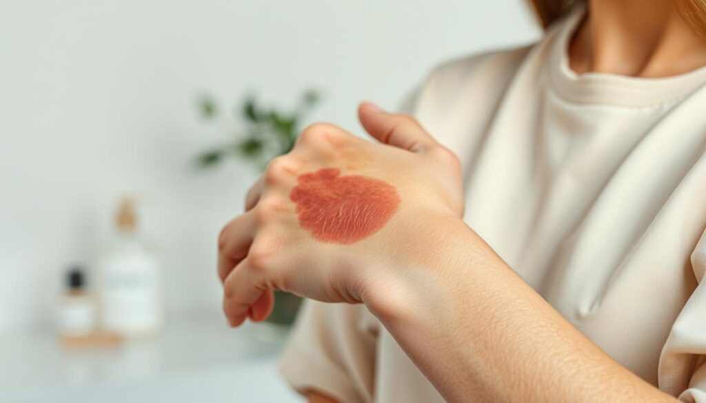 A close-up view of a person’s forearm displaying a moderate skin reaction, showcasing red, irritated patches where a fragrance was applied. The skin feels sensitive and inflamed, contrasted against a natural, soft background that evokes a calm and neutral atmosphere. The lighting is soft and diffused, highlighting the texture of the skin, while a blurred hint of beauty products can be seen in the background, suggesting the source of the reaction. The model is dressed in a simple, light-colored, modest sleeve shirt, ensuring a professional appearance. The image captures the seriousness of skin sensitivity while maintaining a sense of empathy and understanding, reflecting the relationship between fragrance and sensitive skin.