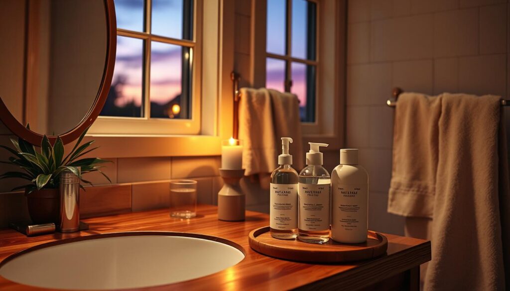 A cozy, inviting bathroom scene during the evening, softly illuminated by warm, ambient lighting. In the foreground, a wooden vanity is adorned with an array of natural skincare products: a cleanser, toner, serum, and moisturizer, elegantly arranged beside a small potted plant. A mirror reflects the products, enhancing depth. In the middle ground, a plush towel hangs neatly on a rack, and a candle flickers gently, casting a calming glow. In the background, a window reveals a twilight sky with hints of purple and orange, suggesting a serene atmosphere. The overall mood is tranquil and nurturing, emphasizing the ritual of evening skincare with a focus on wholesome, natural ingredients. Ensure all elements are depicted in a clean, polished aesthetic that speaks to self-care.