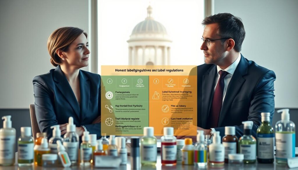 A detailed comparison of honest labeling regulations between the US and EU, depicted through a split-screen design. In the foreground, show two professionals in business attire, one representing the US and the other the EU, engaged in a thoughtful discussion over a table filled with various skincare products labeled with clear, honest ingredient information. In the middle ground, display a vibrant, detailed infographic outlining key differences in labeling regulations, with elements such as icons representing transparency and consumer protection. The background features a subtle visual of a regulatory building, symbolizing oversight and governance, softly lit by natural light to create a professional, informative atmosphere. Capture a mood of collaboration and transparency, emphasizing the importance of ingredient clarity for skin and health.