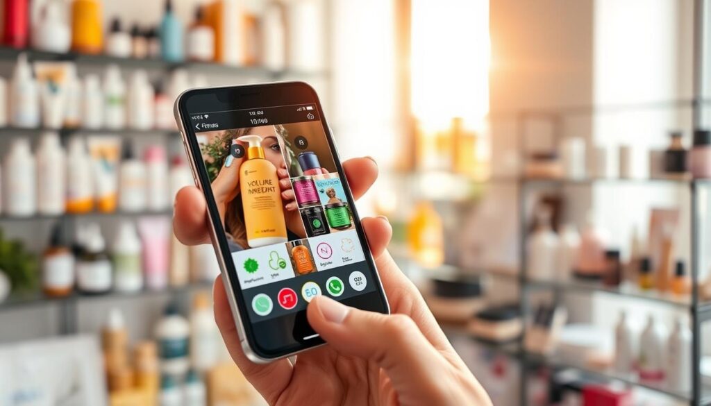 A modern smartphone held in a hand, prominently displaying an interface of a beauty label scanning app. In the foreground, the screen showcases vibrant images of various beauty product labels, with highlighted ingredients and eco-friendly icons. The middle ground features a blurred shelf filled with diverse beauty products such as lotions, serums, and makeup, creating an inviting shopping environment. The background includes soft, natural light streaming through a window, casting a warm glow that enhances the colors of the products. The atmosphere feels bright and informative, encouraging consumers to make mindful beauty choices. The smartphone is depicted at a slight angle to emphasize the app's interface, focusing on modern consumer technology in a clean aesthetic. A modern smartphone held in a hand, prominently displaying an interface of a beauty label scanning app. In the foreground, the screen showcases vibrant images of various beauty product labels, with highlighted ingredients and eco-friendly icons. The middle ground features a blurred shelf filled with diverse beauty products such as lotions, serums, and makeup, creating an inviting shopping environment. The background includes soft, natural light streaming through a window, casting a warm glow that enhances the colors of the products. The atmosphere feels bright and informative, encouraging consumers to make mindful beauty choices. The smartphone is depicted at a slight angle to emphasize the app's interface, focusing on modern consumer technology in a clean aesthetic.