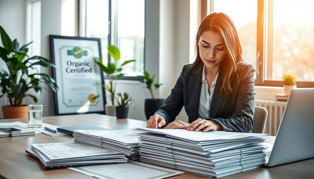 A professional and organized office setting serves as the backdrop, showcasing a vibrant and clean workspace. In the foreground, a focused businesswoman in professional attire examines a stack of certifications spread out on the desk, with a laptop open beside her displaying digital verification tools. In the middle ground, a framed certificate labeled "Organic Certified" hangs on the wall, alongside a modern green plant, symbolizing environmental awareness. The background features light streaming in through large windows, creating a bright and transparent atmosphere. Soft shadows add depth, while the composition conveys a sense of diligence and trust. This image should evoke feelings of seriousness about authenticity and clarity in the certification verification process.