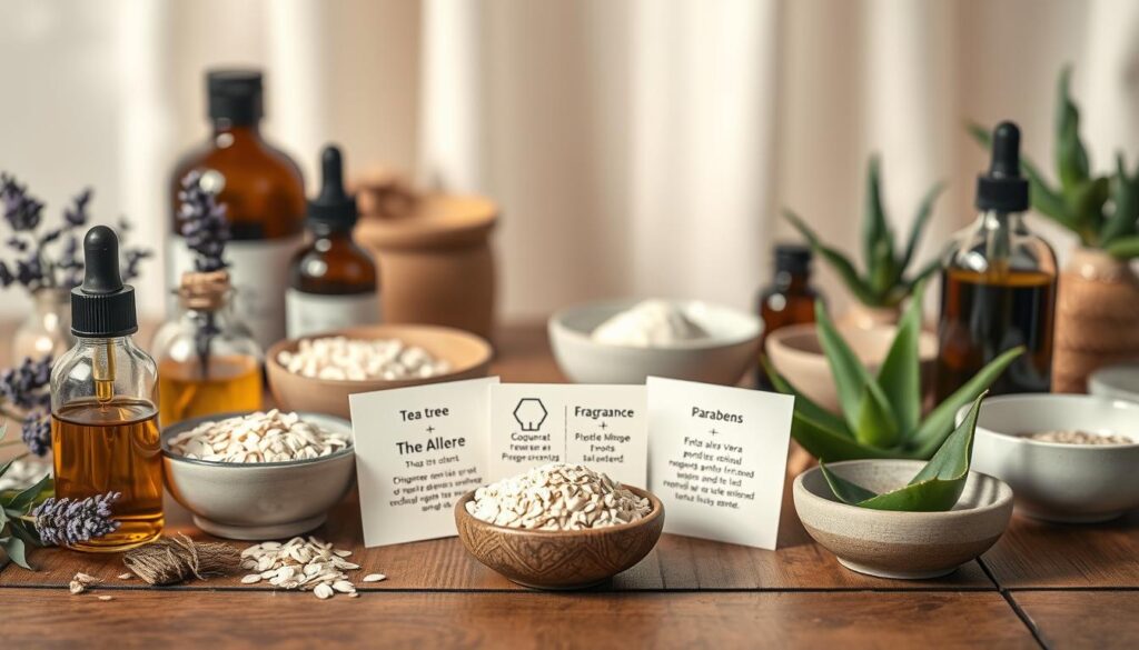 A serene and informative composition depicting a wooden table laden with natural ingredients commonly associated with skincare. In the foreground, prominently feature jars and droppers of oils like lavender and tea tree, along with small bowls of oatmeal and aloe vera. In the middle, place illustrated notes or diagrams showing common allergens like fragrance and parabens, all creatively arranged. The background should be softly blurred, hinting at a calming spa-like environment with gentle lighting, evoking a sense of tranquility and care. Use a warm color palette with soft shadows, emphasizing the theme of sensitivity and gentleness. Capture the essence of avoiding triggers for sensitive skin in a visually appealing and informative manner. A serene and informative composition depicting a wooden table laden with natural ingredients commonly associated with skincare. In the foreground, prominently feature jars and droppers of oils like lavender and tea tree, along with small bowls of oatmeal and aloe vera. In the middle, place illustrated notes or diagrams showing common allergens like fragrance and parabens, all creatively arranged. The background should be softly blurred, hinting at a calming spa-like environment with gentle lighting, evoking a sense of tranquility and care. Use a warm color palette with soft shadows, emphasizing the theme of sensitivity and gentleness. Capture the essence of avoiding triggers for sensitive skin in a visually appealing and informative manner.
