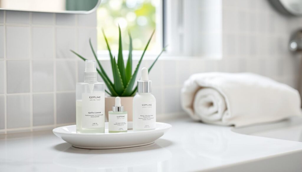 A serene bathroom countertop featuring a minimalist natural skincare routine. Foreground: a sleek white dish holding several high-quality skincare products in pastel packaging, such as a gentle cleanser, soothing serum, and calming moisturizer. Middle: a small potted aloe vera plant alongside a rolled soft towel, emphasizing the theme of sensitivity and natural care. Background: softly blurred tiles with a hint of greenery visible through a window, allowing natural light to filter in, creating a warm and inviting atmosphere. Use a soft focus lens effect to enhance the calm mood, ensuring a clean and peaceful aesthetic that hints at care for sensitive skin. The scene should be well-lit, capturing the essence of simplicity and tranquility in skincare. A serene bathroom countertop featuring a minimalist natural skincare routine. Foreground: a sleek white dish holding several high-quality skincare products in pastel packaging, such as a gentle cleanser, soothing serum, and calming moisturizer. Middle: a small potted aloe vera plant alongside a rolled soft towel, emphasizing the theme of sensitivity and natural care. Background: softly blurred tiles with a hint of greenery visible through a window, allowing natural light to filter in, creating a warm and inviting atmosphere. Use a soft focus lens effect to enhance the calm mood, ensuring a clean and peaceful aesthetic that hints at care for sensitive skin. The scene should be well-lit, capturing the essence of simplicity and tranquility in skincare.