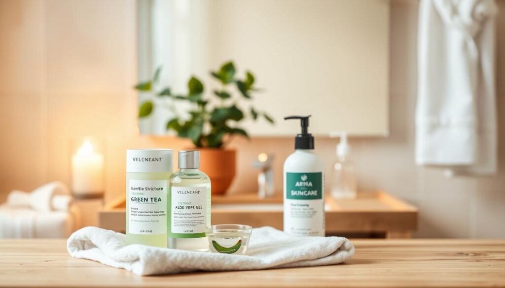 A serene bathroom scene featuring a gentle skincare setup for acne care. In the foreground, a wooden vanity is adorned with natural skincare products like a soothing green tea cleanser, a delicate aloe vera gel, and calming chamomile lotion, all neatly arranged on a soft linen towel. The middle layer includes a softly lit mirror reflecting a tranquil ambiance, with a potted plant in the backdrop, symbolizing natural elements. The background features warm, diffused lighting that creates a calming atmosphere, reminiscent of a spa. The overall mood conveys tranquility and wellness, ideal for those seeking gentle solutions for their skin. The composition should capture the essence of avoiding irritation while promoting a peaceful skin care ritual.