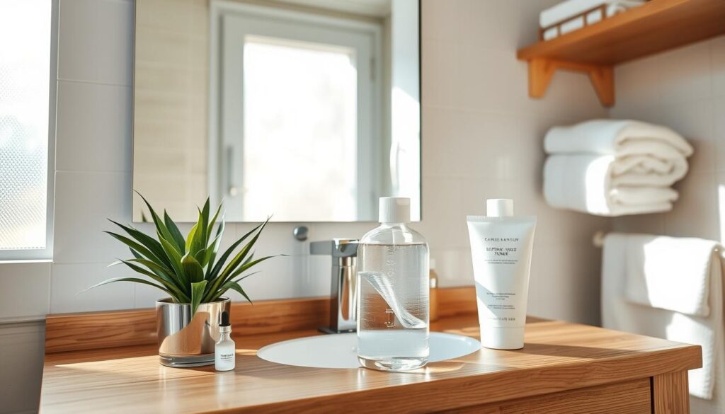 A serene bathroom scene showcasing a gentle skincare routine for acne. In the foreground, a wooden vanity is adorned with a selection of natural skincare products: a foaming cleanser, a soothing toner in a glass bottle, and a lightweight moisturizer placed alongside a potted green plant. The middle area features a clear mirror reflecting soft sunlight filtering through a frosted window, creating a calming glow. The background includes light-colored tile and soft towels neatly arranged on a shelf, enhancing the tranquil atmosphere. The overall mood is peaceful and inviting, ideal for a morning or night skincare ritual. Lighting is bright yet soft, simulating early morning or evening calm, captured from a slight overhead angle to enhance depth. No people are present in the image, allowing the focus to remain solely on the skincare products.