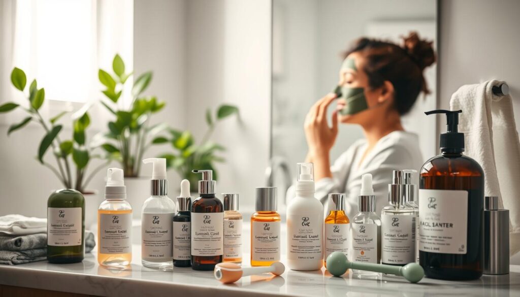 A serene bathroom setting, featuring a well-organized adult skincare routine. In the foreground, a diverse range of skincare products, including natural serums, moisturizers, and a jade roller, are neatly arranged on a marble countertop. In the middle, a person in modest casual clothing, focusing on applying a facial mask while contently looking in a mirror. The background shows soft diffused natural lighting filtering through a window, highlighting potted green plants that evoke a calming atmosphere. The overall mood feels soothing and reflective, emphasizing self-care and wellness during various life stages. The camera angle captures both the skincare products and the person’s thoughtful expression, creating an intimate yet professional vibe.