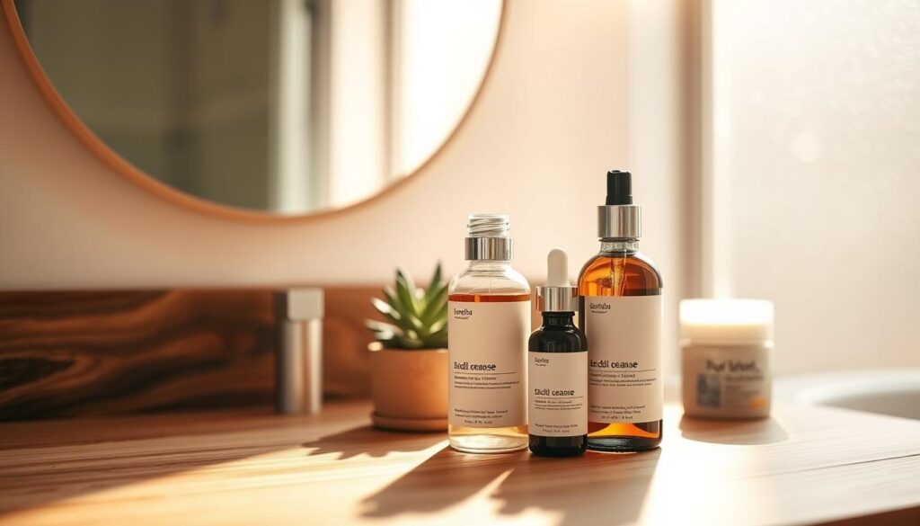 A serene bathroom setting showcasing a cruelty-free skincare routine. In the foreground, a wooden countertop features neatly arranged eco-friendly skincare products in minimalist packaging, including a facial cleanser, toner, serum, and moisturizer. A small potted succulent adds a touch of greenery. The middle ground displays a gentle, soft-focus mirror reflecting the light, enhancing the calm ambiance. The background features warm, natural light streaming through a frosted window, illuminating the space with a soft glow. The overall atmosphere feels soothing and ethical, inviting contemplation of a natural beauty routine. Use a shallow depth of field to emphasize the products, capturing the essence of a thoughtful and cruelty-free skincare ritual.