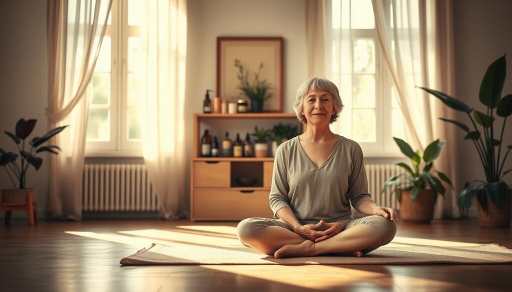 A serene indoor meditation space, softly lit by warm, natural light filtering through large windows adorned with sheer curtains. In the foreground, a mature woman in simple, modest yoga attire sits cross-legged on a plush mat, her face radiating tranquility and focus. The middle ground features a wooden shelf with an assortment of natural skincare remedies, such as essential oils, herbal teas, and soothing creams, all conveying a sense of holistic well-being. In the background, lush green plants and subtle, calming artwork create a peaceful atmosphere, emphasizing the connection between mind and body. Soft shadows enhance depth, and the overall mood is one of relaxation and rejuvenation, perfectly encapsulating the essence of mind-body approaches to skincare.