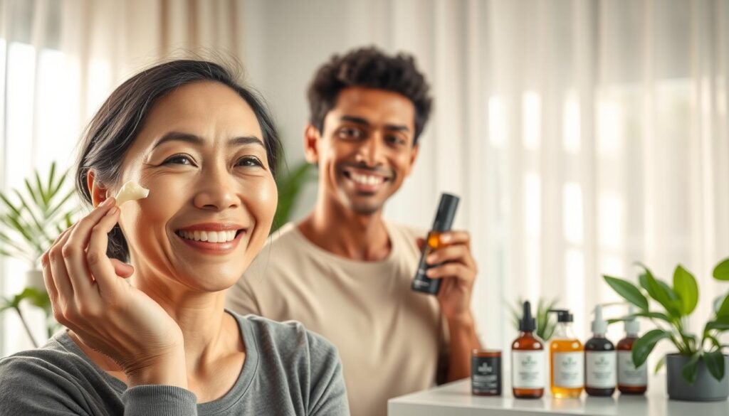 A serene indoor setting featuring a diverse group of individuals happily showcasing their radiant skin, reflecting the successful results of anti-aging natural skincare solutions. In the foreground, a middle-aged woman of Asian descent is gently applying a natural cream to her luminous cheek while smiling joyfully. In the middle, a man of African descent stands confidently, with visibly youthful skin, holding a bottle of natural serum. The background features soft, diffused natural light streaming through sheer curtains, creating a warm and inviting atmosphere. Include lush green plants and a well-organized assortment of natural skincare products on a countertop, emphasizing a harmonious and holistic approach to beauty. The focus is on empowerment and natural beauty, embodying a refreshing and optimistic mood. The image is captured with a close-up lens to enhance facial details and textures.