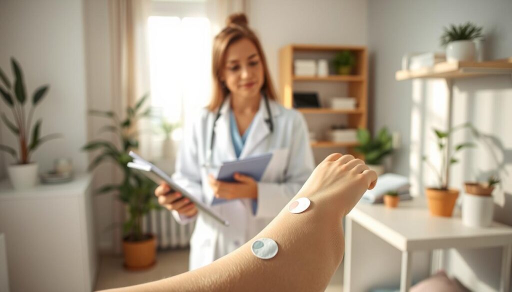 A serene, well-lit dermatology office setting with a focus on patch testing for sensitive skin. In the foreground, a close-up of a person's forearm displaying various small patches applied to the skin, with gentle, soothing colors like soft greens and light beige surrounding the patches. In the middle ground, a dermatologist wearing a white coat examines the arm with a thoughtful expression, holding a notepad. The background features a clean, organized workspace with natural light streaming through a window, illuminating calming elements like potted plants and soft textiles. The overall mood is peaceful and professional, emphasizing care and attention in the process of patch testing. A serene, well-lit dermatology office setting with a focus on patch testing for sensitive skin. In the foreground, a close-up of a person's forearm displaying various small patches applied to the skin, with gentle, soothing colors like soft greens and light beige surrounding the patches. In the middle ground, a dermatologist wearing a white coat examines the arm with a thoughtful expression, holding a notepad. The background features a clean, organized workspace with natural light streaming through a window, illuminating calming elements like potted plants and soft textiles. The overall mood is peaceful and professional, emphasizing care and attention in the process of patch testing.