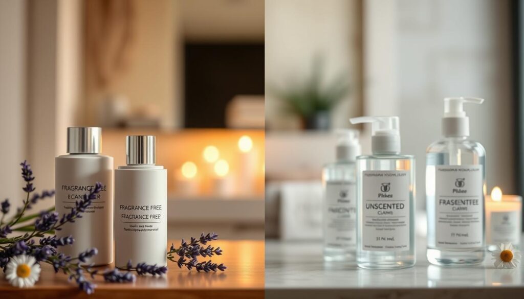 A split-scene composition depicting the contrast between "fragrance-free" and "unscented" skincare products for sensitive skin. In the foreground, a collection of elegantly designed skincare bottles labeled “Fragrance-Free” with a soft, matte finish, surrounded by gentle botanical elements like lavender and chamomile. The middle section features a serene, minimalist bathroom setting with a subtle glow of warm light, showcasing an “Unscented” product line with transparent labels. In the background, a soothing, blurred image of a peaceful spa ambiance, with candles softly illuminating the space. The overall atmosphere conveys calmness and simplicity, highlighting the importance of using gentle products for sensitive skin. Use a shallow depth of field to focus on the products, enhancing their appeal.