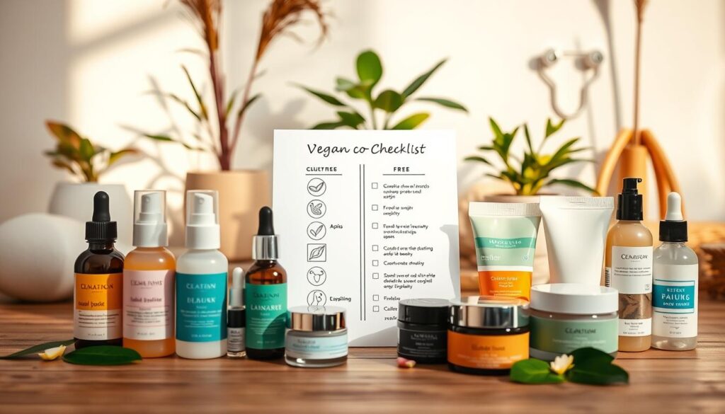A vibrant and aesthetically pleasing layout showcasing a comparison of popular vegan beauty brands. In the foreground, display elegantly arranged product packaging, such as facial serums, moisturizers, and creams, with emphasis on eco-friendly materials and attractive labels. In the middle, include an open skincare routine checklist with icons that symbolize cruelty-free and natural ingredients. The background should consist of a softly lit, minimalistic spa-like setting featuring natural elements like potted plants and wooden accents, conveying tranquility and sustainability. Use warm, natural lighting to create an inviting atmosphere. The perspective should be slightly elevated, focusing on the products while still capturing the serene background.