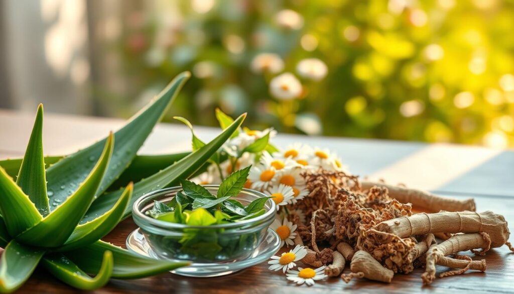 A vibrant and detailed arrangement of common natural extracts in a well-lit, elegant setting. In the foreground, showcase fresh aloe vera leaves next to a small dish filled with green tea leaves, and a sprig of chamomile flowers, all glistening with morning dew. In the middle ground, place dried licorice root and centella asiatica surrounded by soft, golden lighting to emphasize their textures. The background features a softly blurred herbal garden with hints of lush greenery and sunlight filtering through, creating a serene atmosphere. The scene conveys a sense of natural vitality and wellness, focusing on the benefits of these plant extracts. The composition should evoke warmth and freshness, inviting viewers to explore the qualities of these natural ingredients.