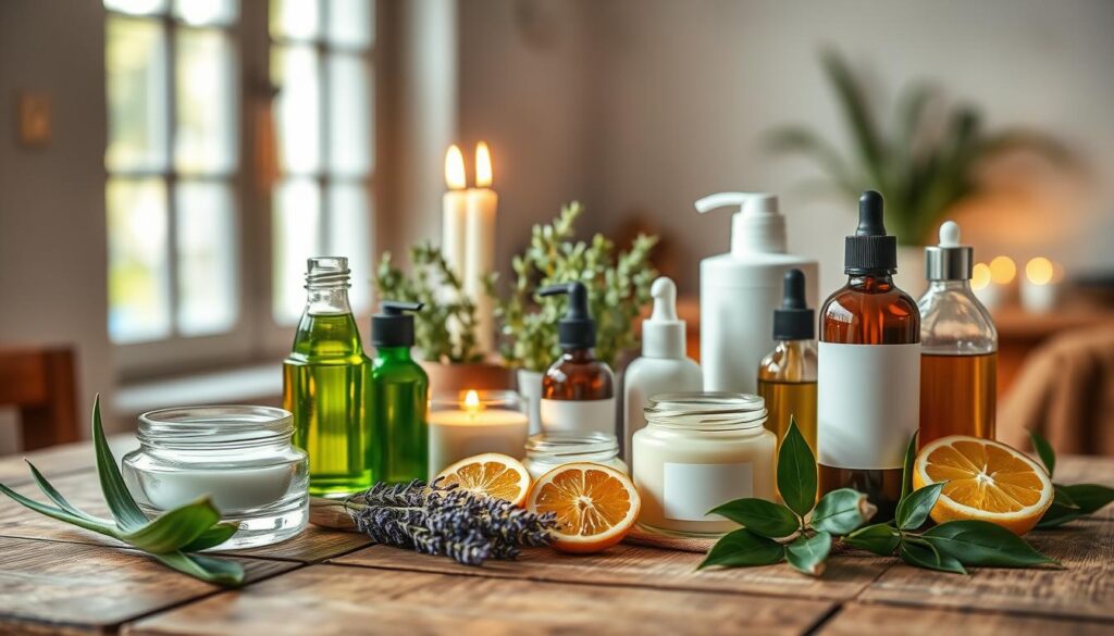 A visually appealing arrangement of natural skincare products on a rustic wooden table. In the foreground, display an assortment of elegant glass bottles and jars filled with organic creams, oils, and serums, alongside fresh ingredients like aloe vera leaves, lavender sprigs, and citrus slices. In the middle ground, softly lit candles and a small potted plant add a touch of tranquility, enhancing the natural theme. The background features a blurred view of a sunlit window, creating a warm and inviting atmosphere. The scene should exude a sense of calm and purity, captured with soft, natural lighting to emphasize the fresh and organic nature of the products. The composition conveys a serene and mindful approach to skincare, encouraging a connection with nature. A visually appealing arrangement of natural skincare products on a rustic wooden table. In the foreground, display an assortment of elegant glass bottles and jars filled with organic creams, oils, and serums, alongside fresh ingredients like aloe vera leaves, lavender sprigs, and citrus slices. In the middle ground, softly lit candles and a small potted plant add a touch of tranquility, enhancing the natural theme. The background features a blurred view of a sunlit window, creating a warm and inviting atmosphere. The scene should exude a sense of calm and purity, captured with soft, natural lighting to emphasize the fresh and organic nature of the products. The composition conveys a serene and mindful approach to skincare, encouraging a connection with nature.