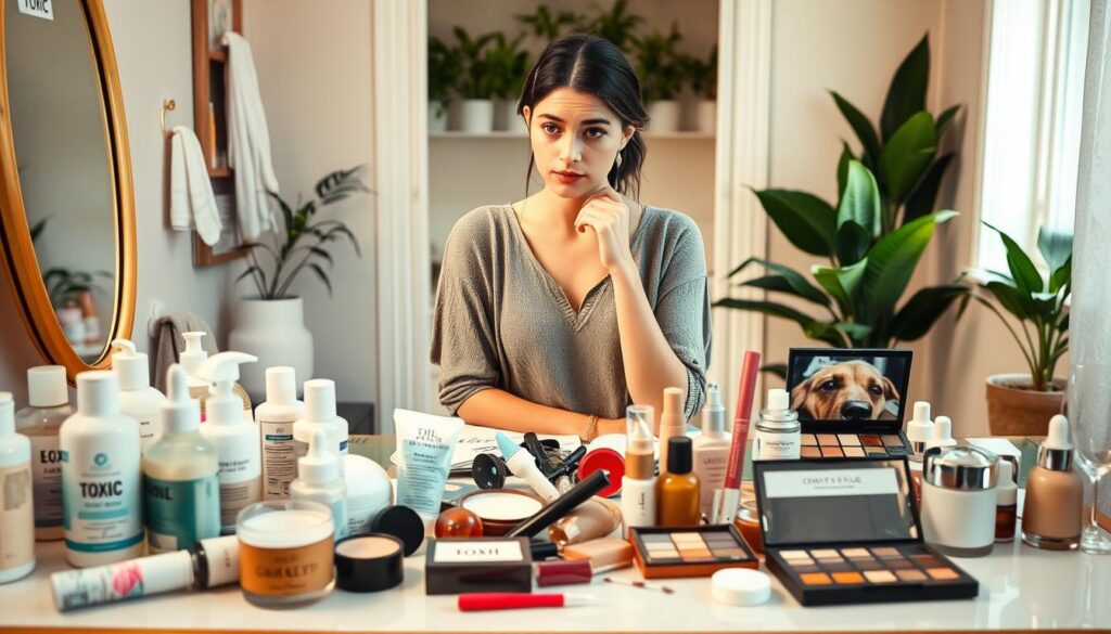 A visually engaging scene depicting the concept of "clean beauty transition mistakes." In the foreground, a well-organized vanity table is cluttered with half-used beauty products, such as skincare bottles, makeup palettes, and natural ingredients like coconut oil and aloe vera. Some items have clear labels marked "toxic" or "non-clean," emphasizing common errors. In the middle ground, a thoughtful beauty enthusiast is examining her skincare routine; she is dressed in casual, modest attire, with a look of realization on her face, symbolizing the learning process. The background features a softly lit bathroom with fresh plants, conveying a serene and inviting atmosphere. The lighting is warm and bright, creating a sense of clarity and hopefulness in the transition towards clean beauty.