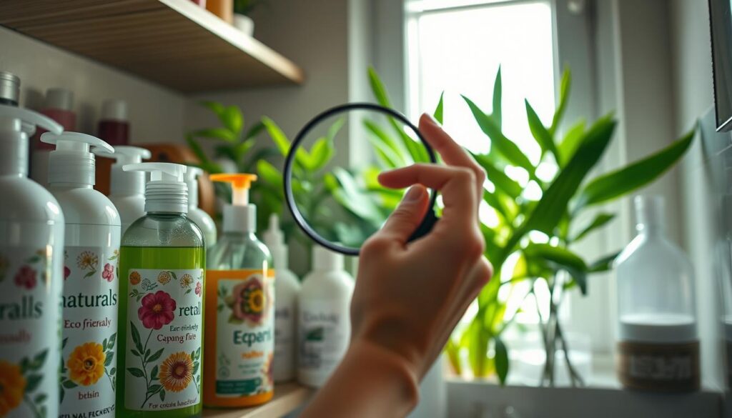 A visually striking composition focusing on a cluttered bathroom shelf filled with beauty products that have misleading eco-labels. In the foreground, emphasize several greenwashed beauty products, showcasing plastic bottles with floral designs and phrases like “natural” and “eco-friendly” that are clearly deceptive upon closer inspection. In the middle ground, include a hand reaching for a product while holding a magnifying glass, symbolizing scrutiny. The background features soft, diffused lighting from a window, creating an inviting yet critical atmosphere. Include lush green plants peeking from behind the shelf to juxtapose the fake nature theme, highlighting the contrast between true sustainability and misleading marketing. The overall mood should be one of awareness and vigilance in the clean beauty shopping experience. A visually striking composition focusing on a cluttered bathroom shelf filled with beauty products that have misleading eco-labels. In the foreground, emphasize several greenwashed beauty products, showcasing plastic bottles with floral designs and phrases like “natural” and “eco-friendly” that are clearly deceptive upon closer inspection. In the middle ground, include a hand reaching for a product while holding a magnifying glass, symbolizing scrutiny. The background features soft, diffused lighting from a window, creating an inviting yet critical atmosphere. Include lush green plants peeking from behind the shelf to juxtapose the fake nature theme, highlighting the contrast between true sustainability and misleading marketing. The overall mood should be one of awareness and vigilance in the clean beauty shopping experience.