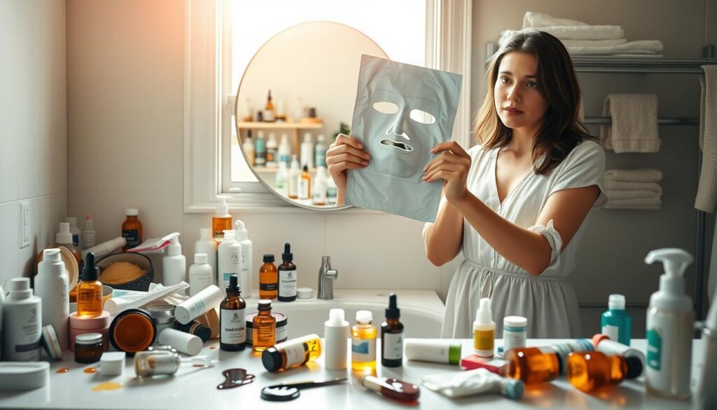 A visually striking image illustrating common natural daily skincare mistakes. In the foreground, a cluttered bathroom counter features various skincare products scattered around, including half-opened jars and spilled serums. A modestly dressed woman stands with a puzzled expression, holding a face mask upside down in her hands, showcasing a humorous mistake. In the middle, a mirror reflects a chaotic assortment of products, with some clearly outdated. In the background, soft morning light filters through a window, casting a warm glow on the scene. The atmosphere is both relatable and slightly chaotic, emphasizing the challenges of a natural skincare routine. The image is captured with a shallow depth of field, focusing on the woman and the products, while gently blurring the far background for a sense of intimacy.