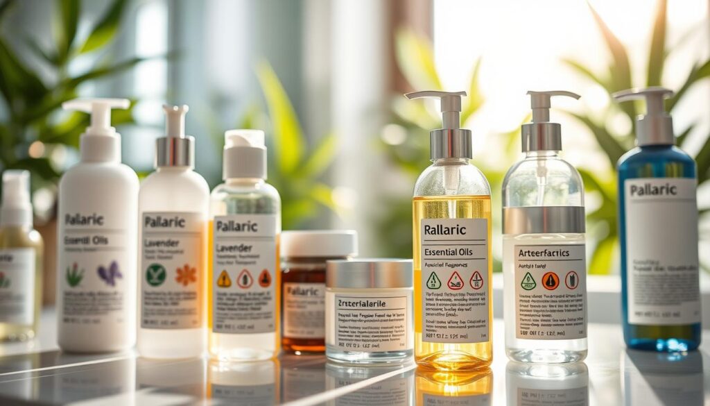 A visually striking skincare label collection featuring common irritants such as essential oils, artificial fragrances, and alcohol. In the foreground, focus on an array of elegant, minimalist-designed skincare bottles and jars, their labels showcasing colorful but cautionary symbols representing allergenic ingredients like lavender, tea tree oil, and sodium lauryl sulfate. The middle ground displays a softly blurred, modern bathroom setting with natural light streaming in, highlighting the importance of awareness in skincare choices. The background features lush greenery, symbolizing the "natural" claims often made by products, creating a sense of contrast. The atmosphere is enlightening and slightly cautionary, perfect for emphasizing the need for consumers to be vigilant about their ingredients. Use a soft focus and warm tones for a welcoming yet informative vibe. A visually striking skincare label collection featuring common irritants such as essential oils, artificial fragrances, and alcohol. In the foreground, focus on an array of elegant, minimalist-designed skincare bottles and jars, their labels showcasing colorful but cautionary symbols representing allergenic ingredients like lavender, tea tree oil, and sodium lauryl sulfate. The middle ground displays a softly blurred, modern bathroom setting with natural light streaming in, highlighting the importance of awareness in skincare choices. The background features lush greenery, symbolizing the "natural" claims often made by products, creating a sense of contrast. The atmosphere is enlightening and slightly cautionary, perfect for emphasizing the need for consumers to be vigilant about their ingredients. Use a soft focus and warm tones for a welcoming yet informative vibe.