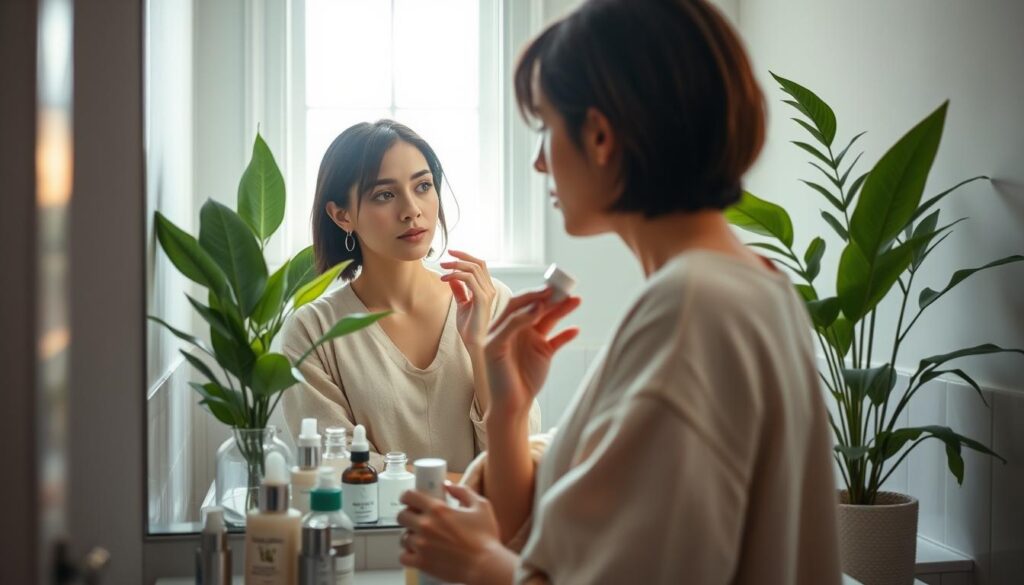 In a softly lit bathroom, a close-up view of a serene woman in modest casual clothing stands in front of a mirror, her expression reflecting a mix of concern and hope. She gently applies a clean beauty skincare product, surrounded by various organic skincare items on a countertop. The atmosphere is calming, with natural light streaming in through a window, enhancing the soothing colors of the space. In the background, lush green plants subtly symbolize rejuvenation and purity. The image conveys a sense of transition and self-care, capturing the essence of dealing with the skin's detox "purge" period during the switch to clean beauty products.