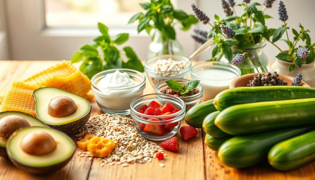 A beautifully arranged assortment of natural ingredients for homemade face masks on a bright, rustic wooden table. In the foreground, showcase fresh ingredients such as ripe avocados, honeycomb, oats, and vibrant green cucumbers, each carefully positioned to highlight their textures and colors. In the middle, include small glass bowls filled with yogurt, essential oils, and crushed strawberries, exuding a sense of freshness. The background features soft-focus herbal plants like mint and lavender, adding a calming touch. Use warm natural lighting to create a cozy, inviting atmosphere, capturing the essence of DIY skincare. The scene should evoke a sense of wellness and creativity, with a shallow depth of field to emphasize the ingredients without distractions. A beautifully arranged assortment of natural ingredients for homemade face masks on a bright, rustic wooden table. In the foreground, showcase fresh ingredients such as ripe avocados, honeycomb, oats, and vibrant green cucumbers, each carefully positioned to highlight their textures and colors. In the middle, include small glass bowls filled with yogurt, essential oils, and crushed strawberries, exuding a sense of freshness. The background features soft-focus herbal plants like mint and lavender, adding a calming touch. Use warm natural lighting to create a cozy, inviting atmosphere, capturing the essence of DIY skincare. The scene should evoke a sense of wellness and creativity, with a shallow depth of field to emphasize the ingredients without distractions.