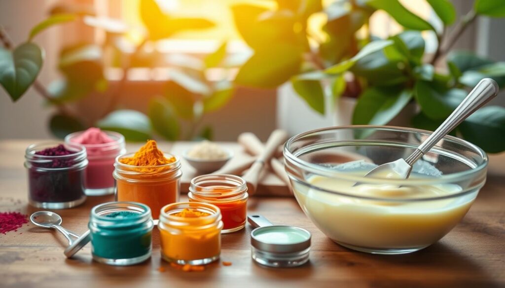 A beautifully arranged display of natural colorants for homemade lip balm, focusing on safe and vibrant options. In the foreground, showcase a collection of small glass containers filled with colorful powders and pastes made from beetroot, spirulina, turmeric, and hibiscus. The middle ground features a wooden surface adorned with tools like a mini whisk and measuring spoons, alongside a clear mixing bowl with a creamy lip balm in progress. In the background, soft diffused natural light filters through leafy green plants, creating a fresh and inviting atmosphere. The warm tones emphasize the organic nature of the ingredients, while a subtle bokeh effect adds depth to the scene. The overall mood is cheerful and inspiring, perfect for DIY enthusiasts.