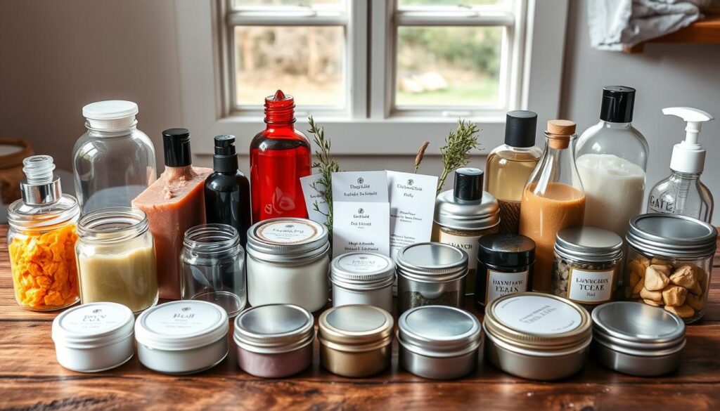 A comparison of various homemade cosmetics storage containers, arranged on a rustic wooden table. In the foreground, there are clear glass jars, frosted bottles, and stylish metal tins, each filled with colorful DIY beauty products like creams, scrubs, and balms. The middle section showcases a well-organized display of labels and sprigs of natural herbs, emphasizing an eco-friendly theme. The background features soft, diffused natural light coming through a window, casting gentle shadows that enhance the textures of the containers. The mood is inviting and educational, highlighting the importance of proper container selection and sterilization for DIY beauty products. No text or watermarks are present.